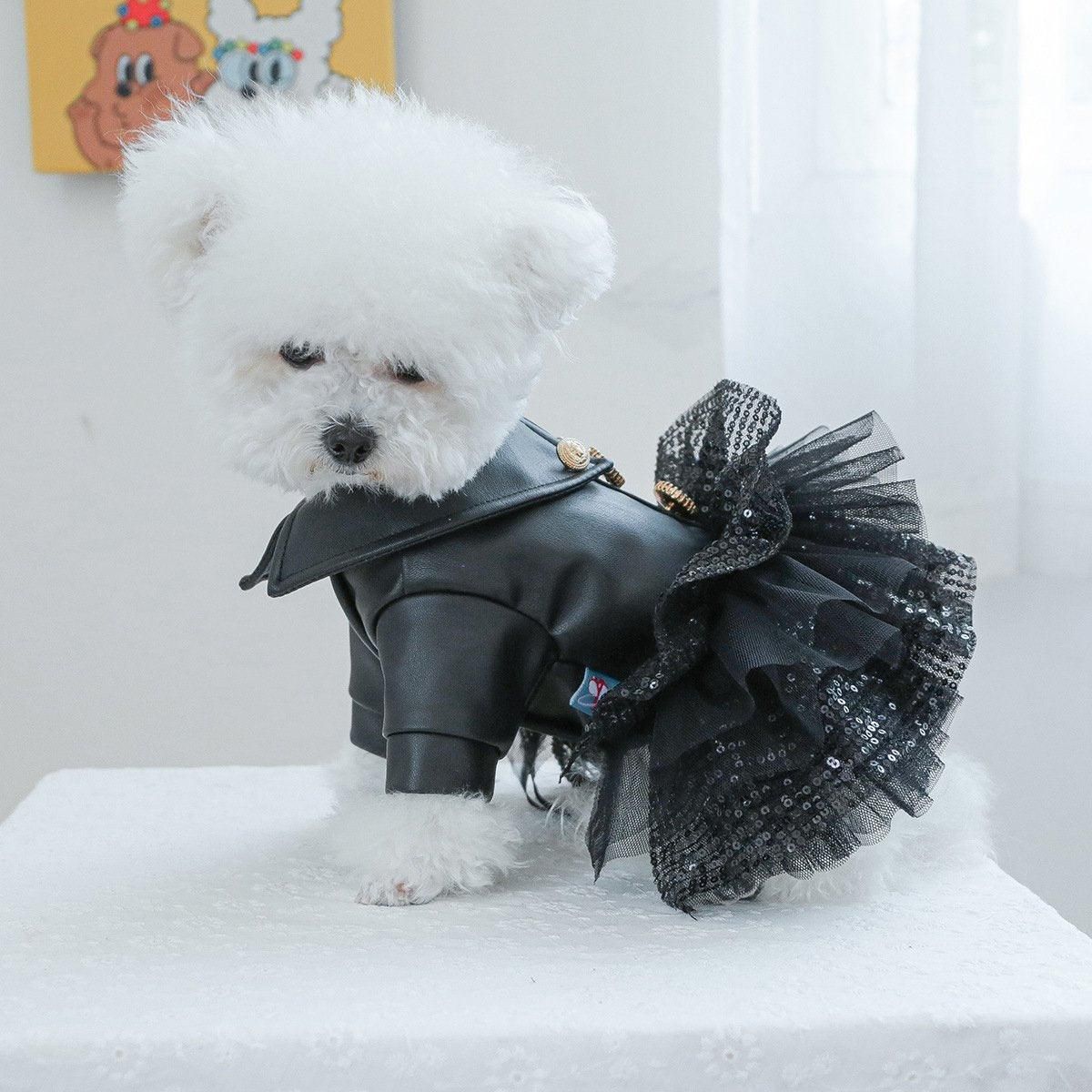 Autumn Winter Pet Dog Cat Dress Faux Leather Sequin Skirt Outfit for Small Dogs - M