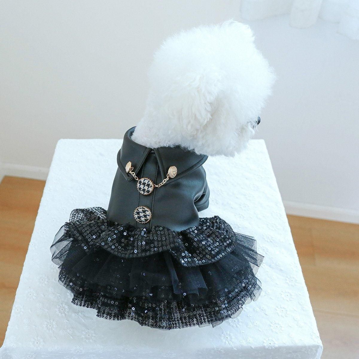 Autumn Winter Pet Dog Cat Dress Faux Leather Sequin Skirt Outfit for Small Dogs - S