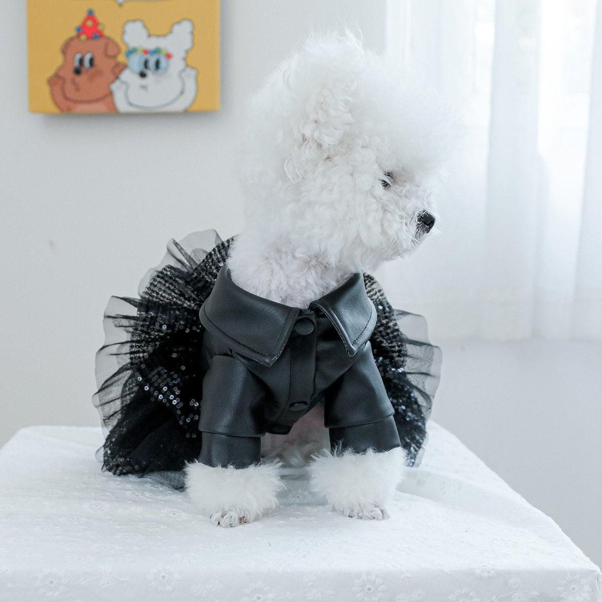 Autumn Winter Pet Dog Cat Dress Faux Leather Sequin Skirt Outfit for Small Dogs - S