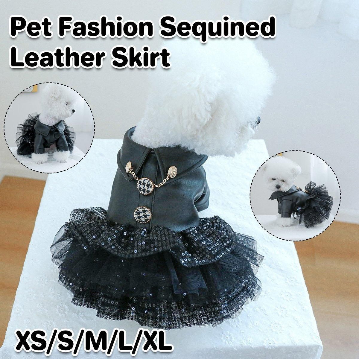 Autumn Winter Pet Dog Cat Dress Faux Leather Sequin Skirt Outfit for Small Dogs - XS