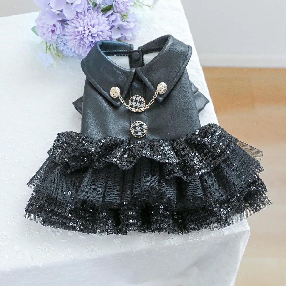Autumn Winter Pet Dog Cat Dress Faux Leather Sequin Skirt Outfit for Small Dogs - XS
