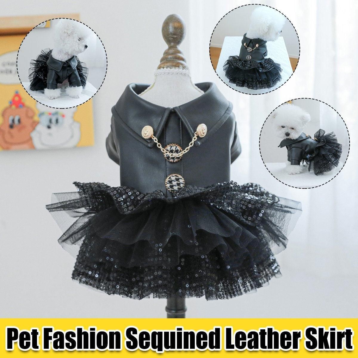 Autumn Winter Pet Dog Cat Dress Faux Leather Sequin Skirt Outfit for Small Dogs - XS