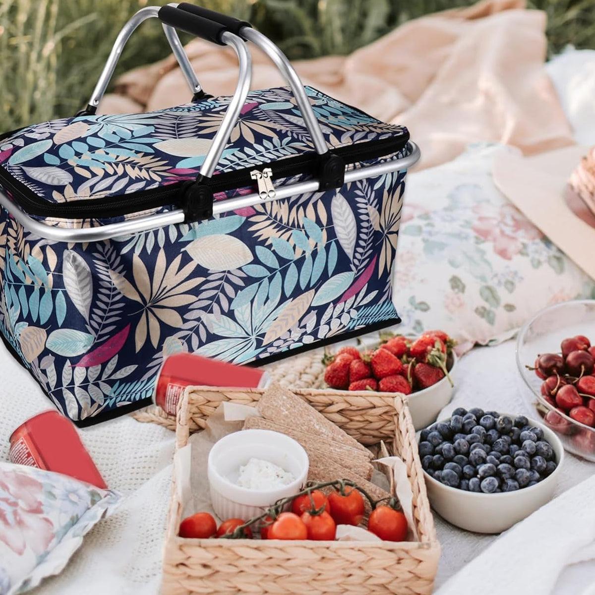 Foldable Picnic Basket Outdoor Camping Carrying Basket Portable Food Storage - Navy