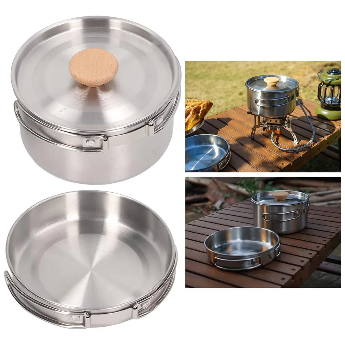 2PCS 304 Stainless Steel Camping Pot and Pan Set With Folding Handles Outdoor
