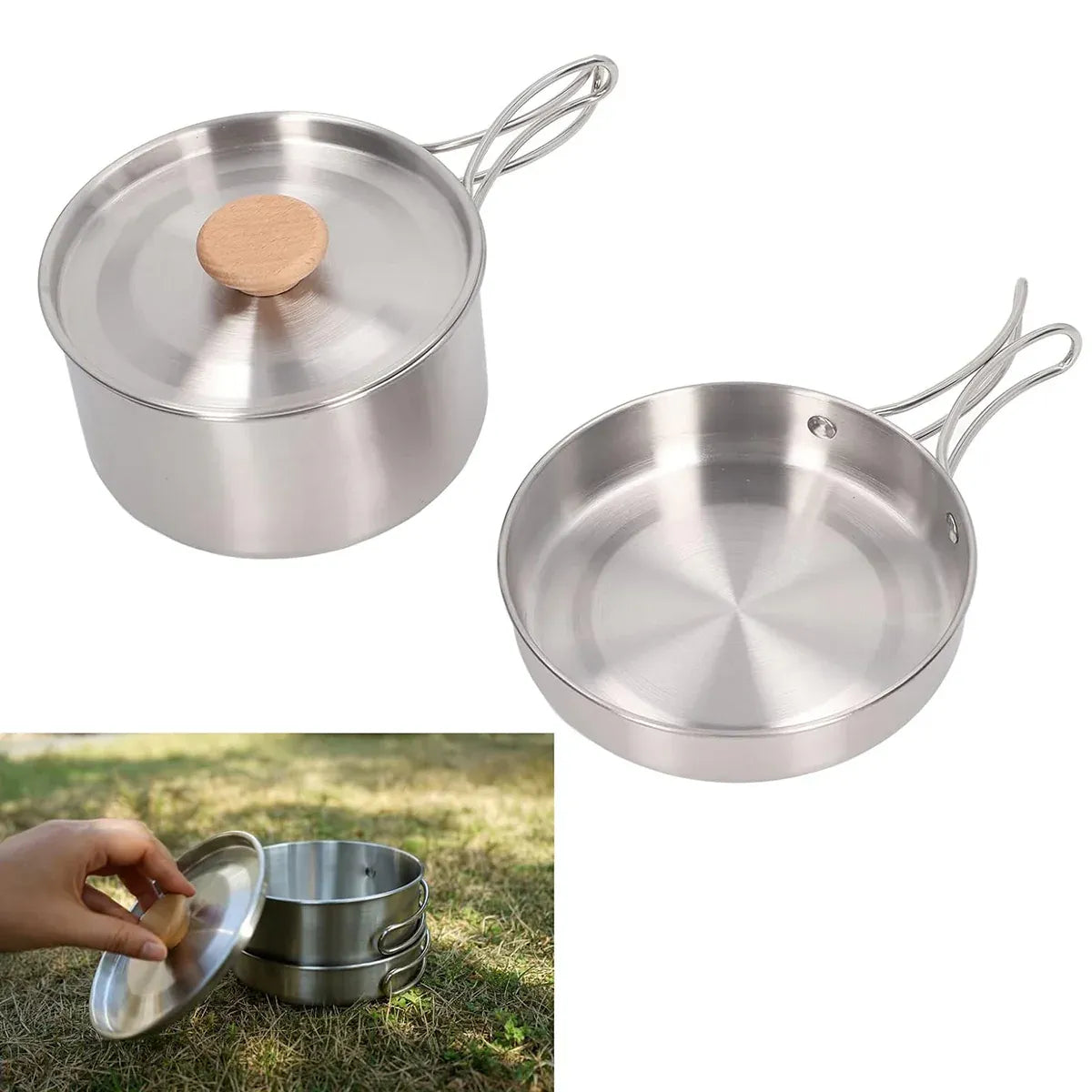 2PCS 304 Stainless Steel Camping Pot and Pan Set With Folding Handles Outdoor