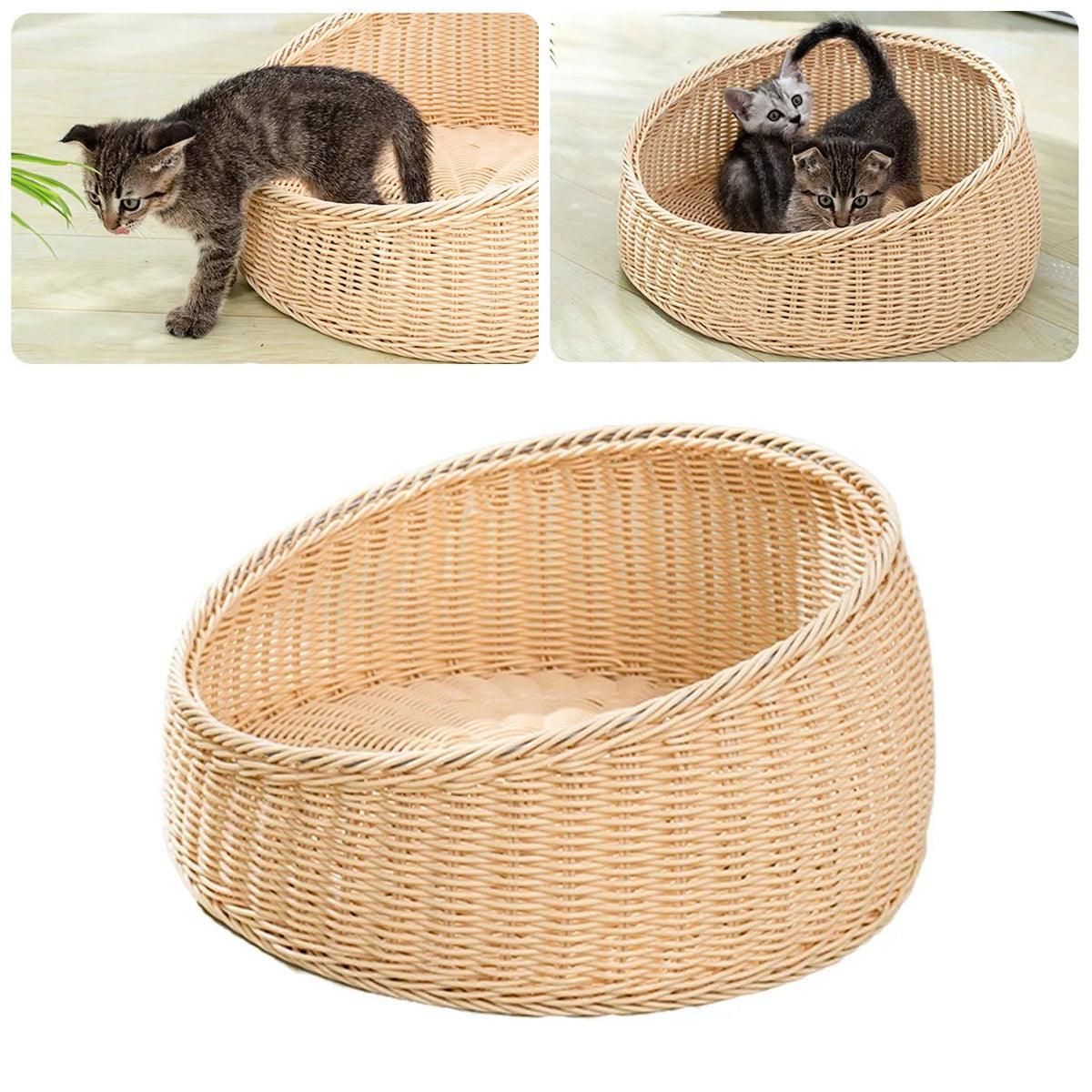 Rattan Cat Nest Four Seasons Open Cat House Summer Bed for Cats Pet Supplies - Green