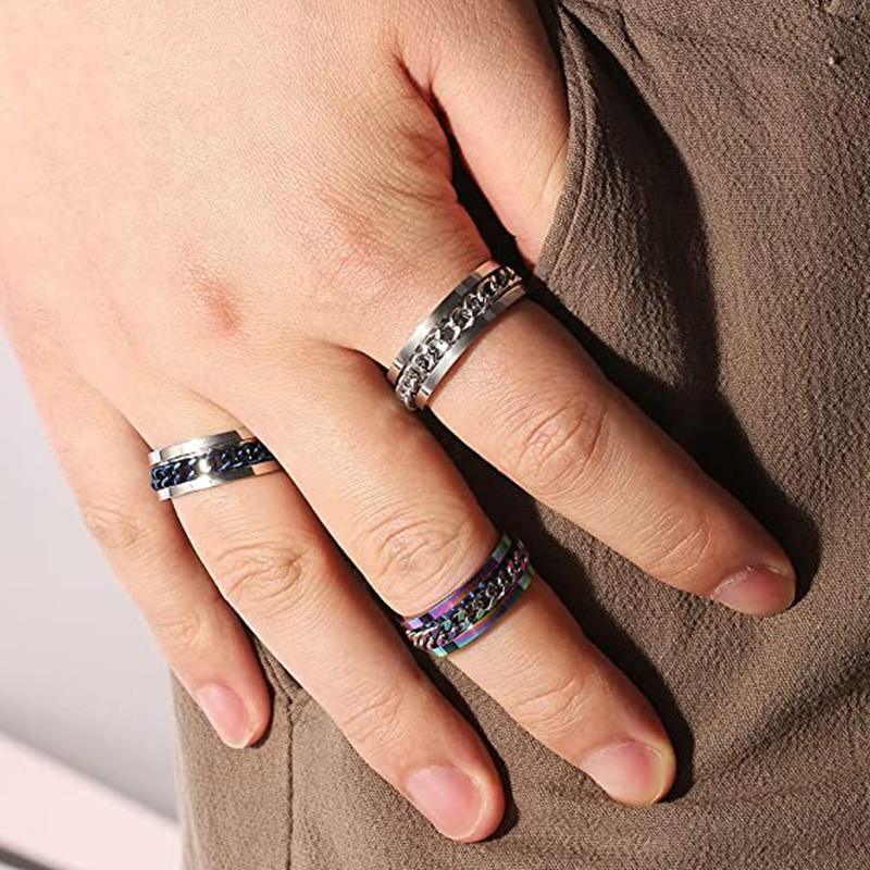 Spinner Rings Mens Womens Fidget Rotating Ring Silver Stainless Steel Size 12 - Black
