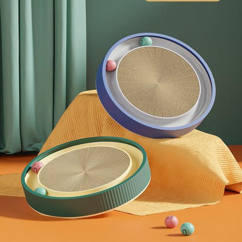 Cat Scratcher Lounge Bed Toy 40cm Round Foldable Cardboard Pad with Ball Track - White
