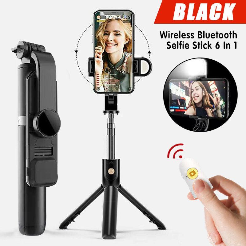 Wireless Bluetooth Selfie Stick Tripod with Remote Control for Phones 6 in 1 - Black