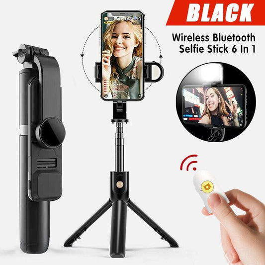 Wireless Bluetooth Selfie Stick Tripod with Remote Control for Phones 6 in 1 - Black