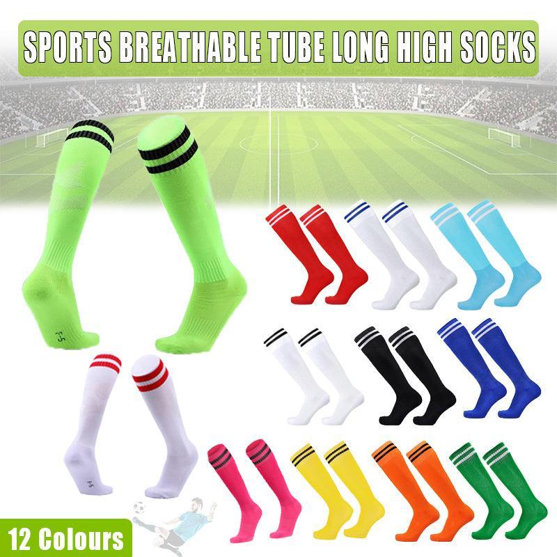 Mens Womens Sports Breathable Tube Long High Socks Knee Warm Casual Footy Soccer - White+Blue