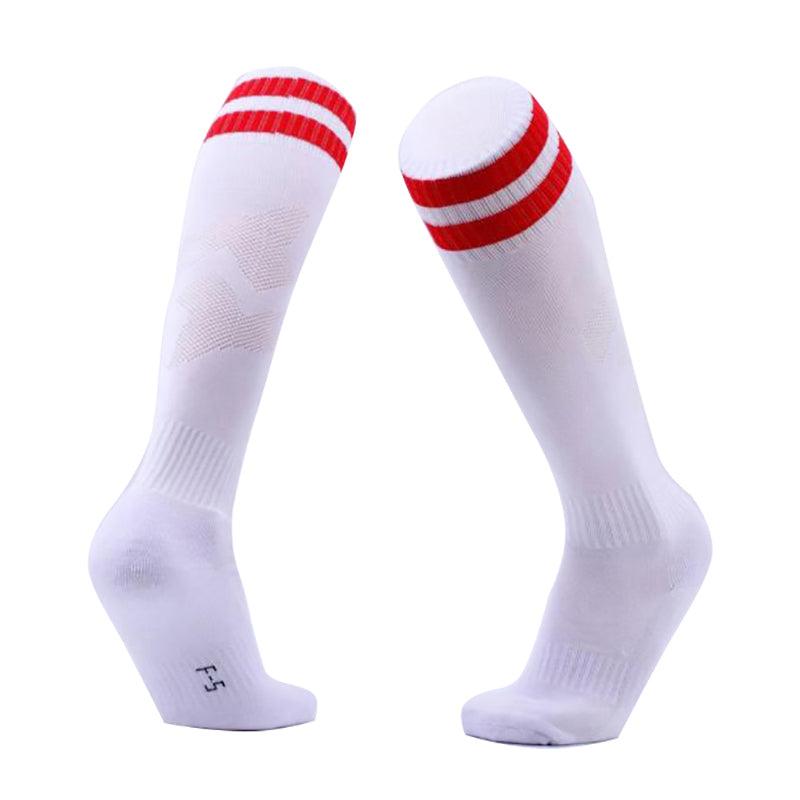 Mens Womens Sports Breathable Tube Long High Socks Knee Warm Casual Footy Soccer - White+Blue
