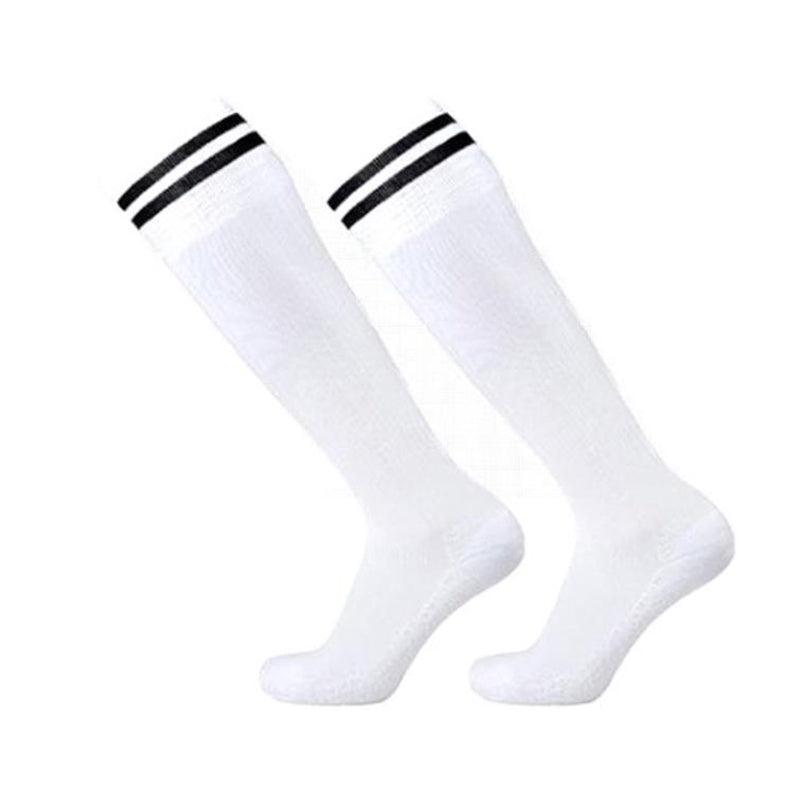 Mens Womens Sports Breathable Tube Long High Socks Knee Warm Casual Footy Soccer - White+Blue