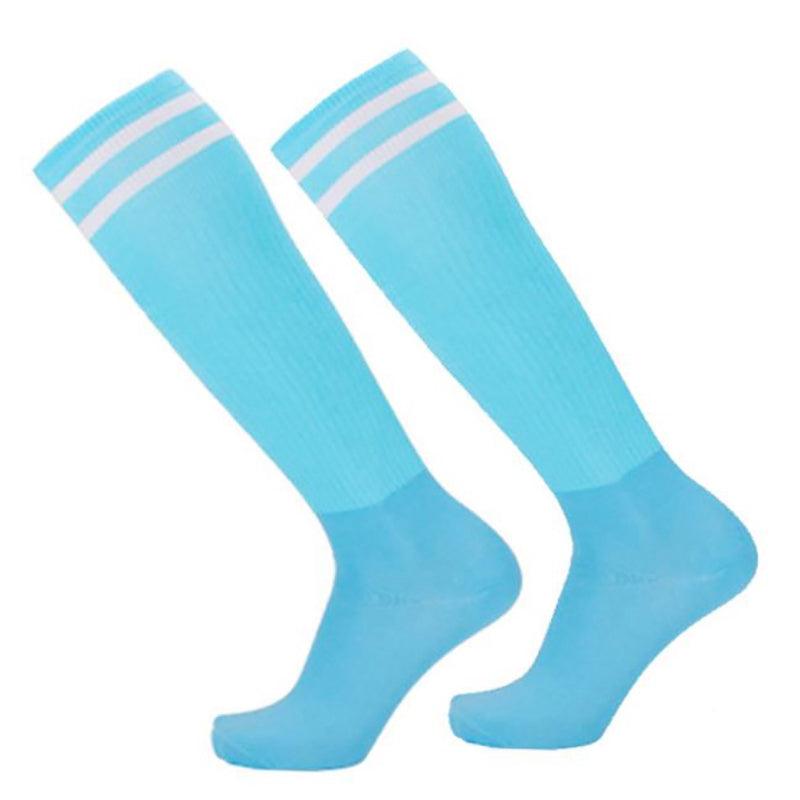 Mens Womens Sports Breathable Tube Long High Socks Knee Warm Casual Footy Soccer - White+Blue