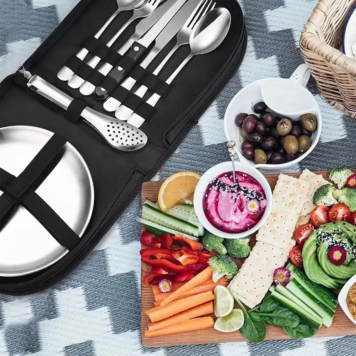 10/20PCS Camping Cutlery Set Outdoor Picnic Utensils Plates Spoons Forks Knives - Black-2 People