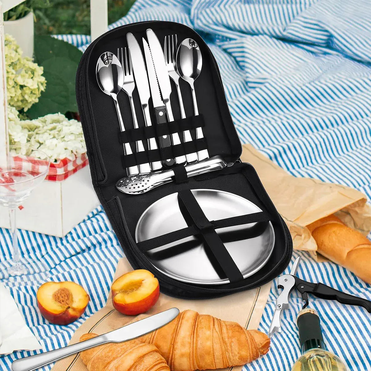 10/20PCS Camping Cutlery Set Outdoor Picnic Utensils Plates Spoons Forks Knives - Black-2 People