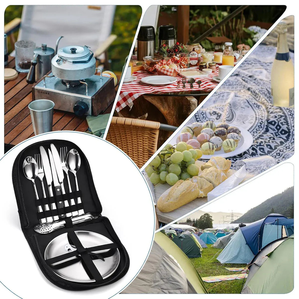 10/20PCS Camping Cutlery Set Outdoor Picnic Utensils Plates Spoons Forks Knives - Red-2 People