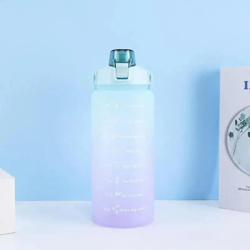 2L Large Water Bottle Straw Time Gradient Cup Fitness Jugs Sport Gym Training - Green