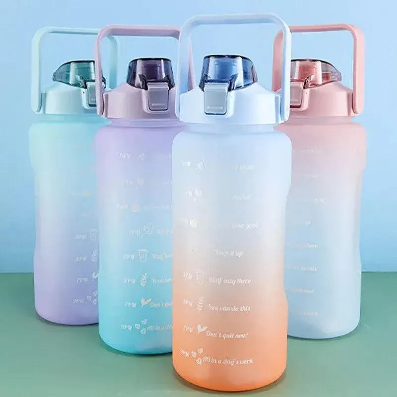 2L Large Water Bottle Straw Time Gradient Cup Fitness Jugs Sport Gym Training - Green