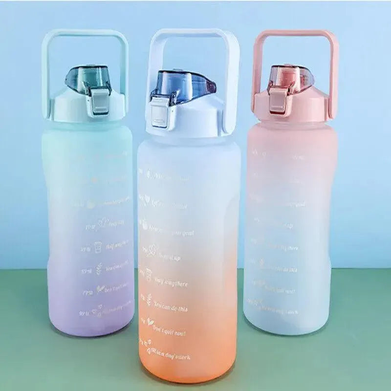 2L Large Water Bottle Straw Time Gradient Cup Fitness Jugs Sport Gym Training - Green