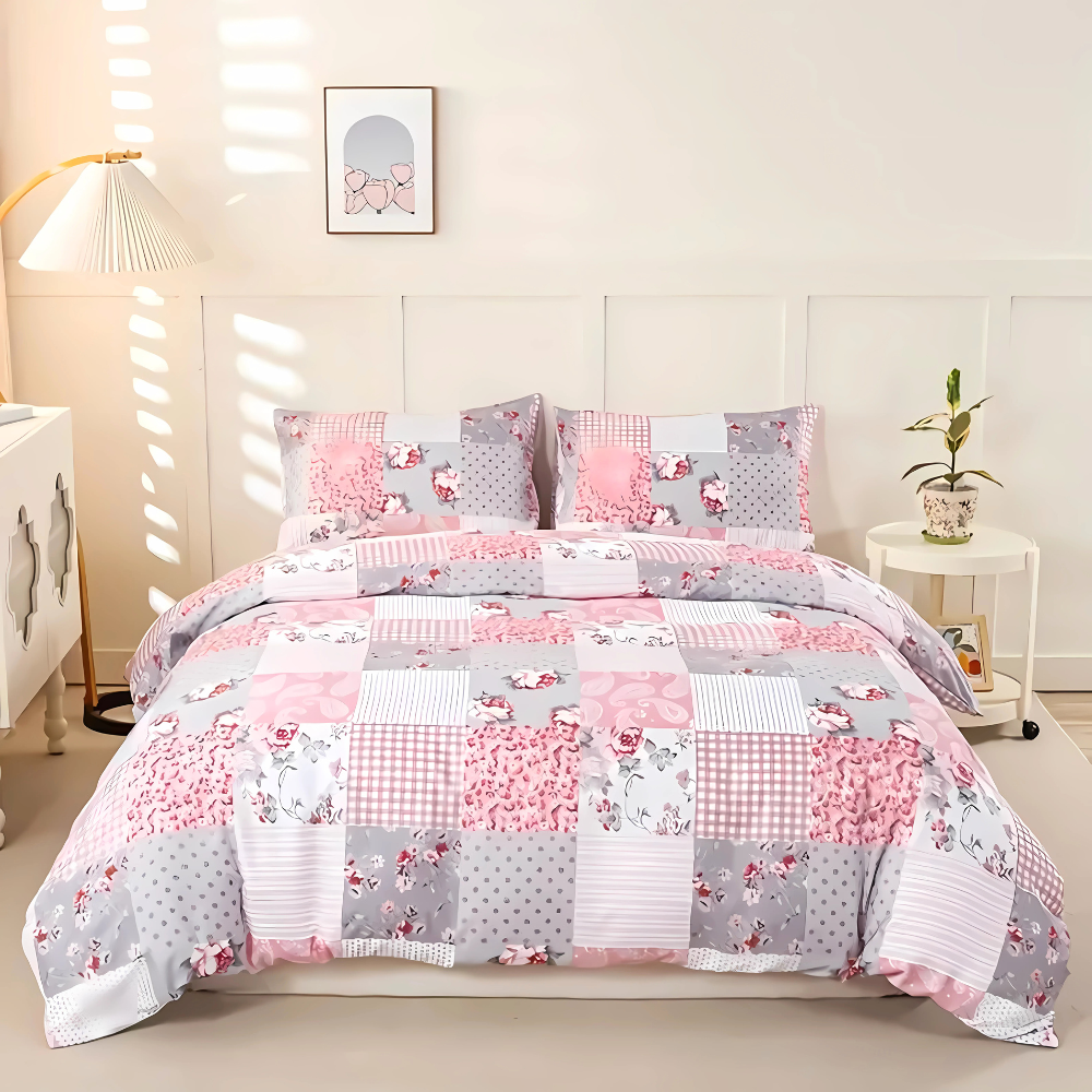 Dreamfields - Soft Pink Plaid Quilt Cover Set - (3pcs, Queen Size)