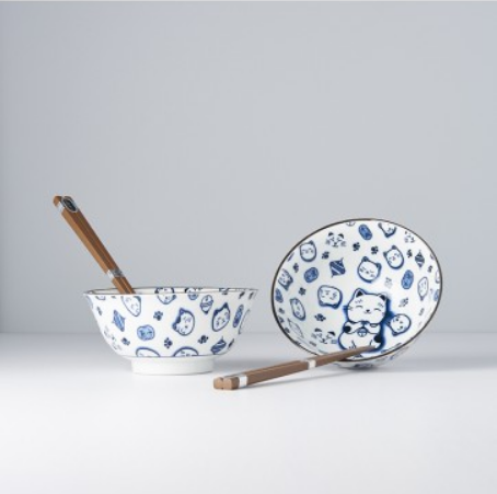 Bowl Set 2pcs with Chopsticks Maneki Cat Blue Design