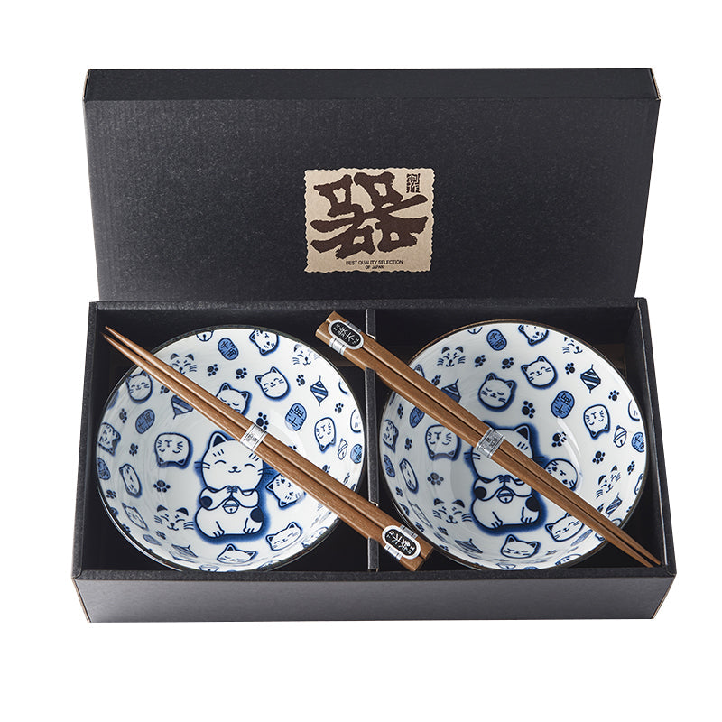 Bowl Set 2pcs with Chopsticks Maneki Cat Blue Design