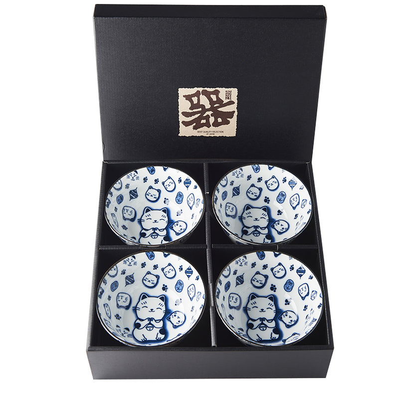 Bowl Set 4pcs Maneki Cat Blue Design