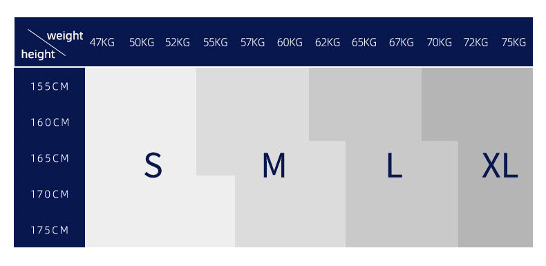 Size chart for clothing with weight and height measurements.