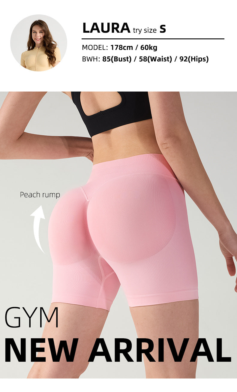 Person wearing pink gym shorts with model information and text about a new arrival.