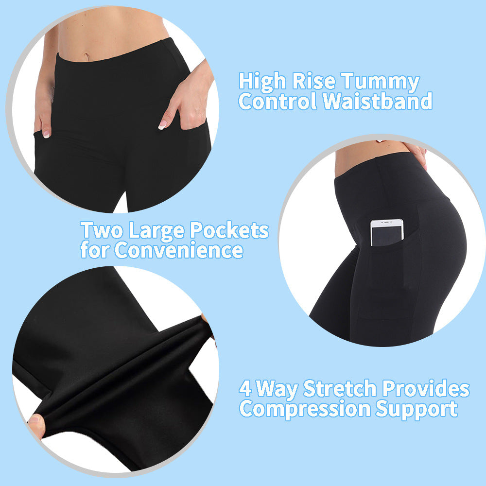 Black high-waisted shorts with features highlighted on a light blue background