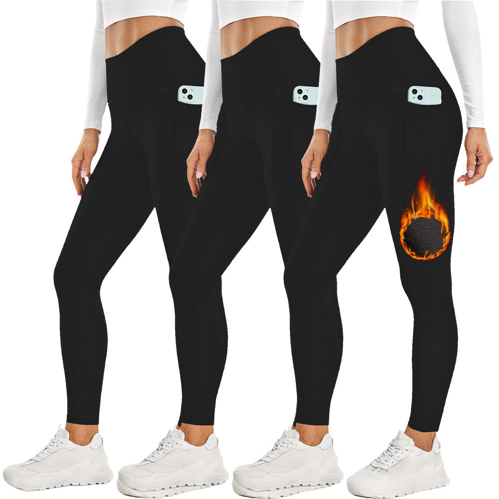 Black Women's Mid Waist Plush Leggings with Pockets