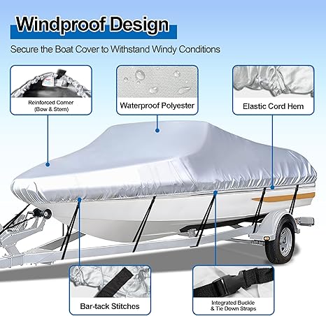 Grey Heavy Duty Waterproof Tarp Covers with Storage Bag, Fits V-Hull, Fish&Ski, Pro-Style, Fishing, Runabout, Bass Boats, 14-16FT(530cm*290cm)