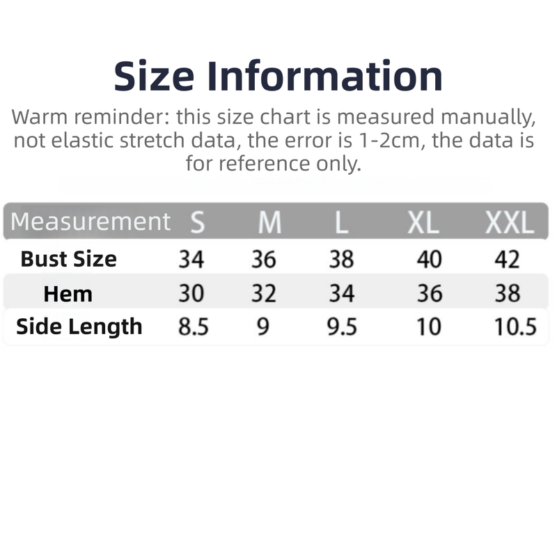 Size chart for clothing measurements on a white background