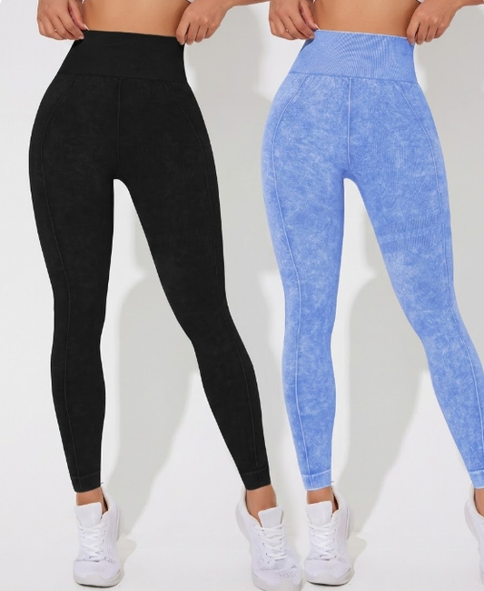 Seamless High Waisted Yoga Leggings 2 PCS Solid Black and Sand Washed Blue