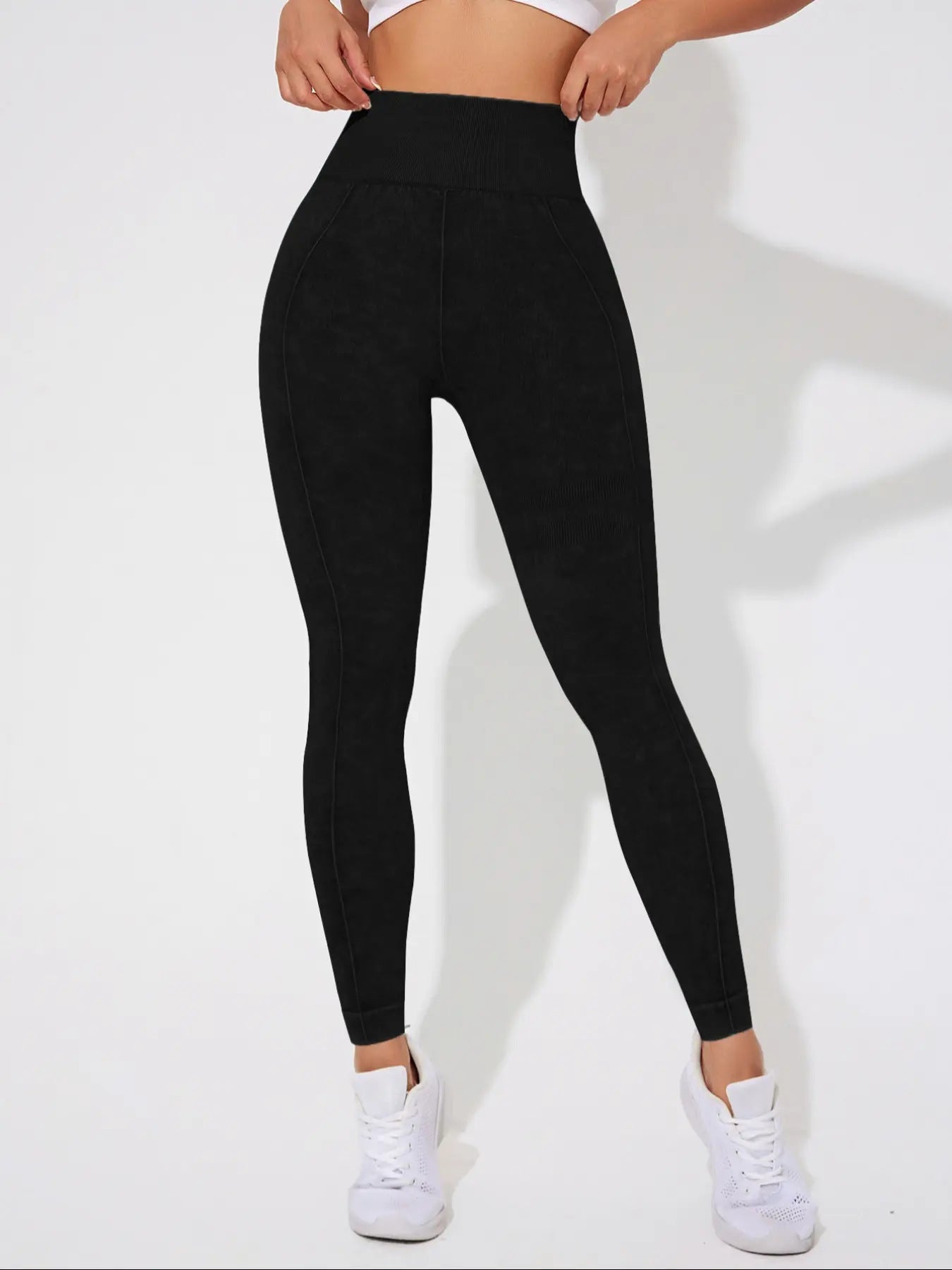 Seamless High Waisted Yoga Leggings 2 PCS Solid Black and Sand Washed Blue