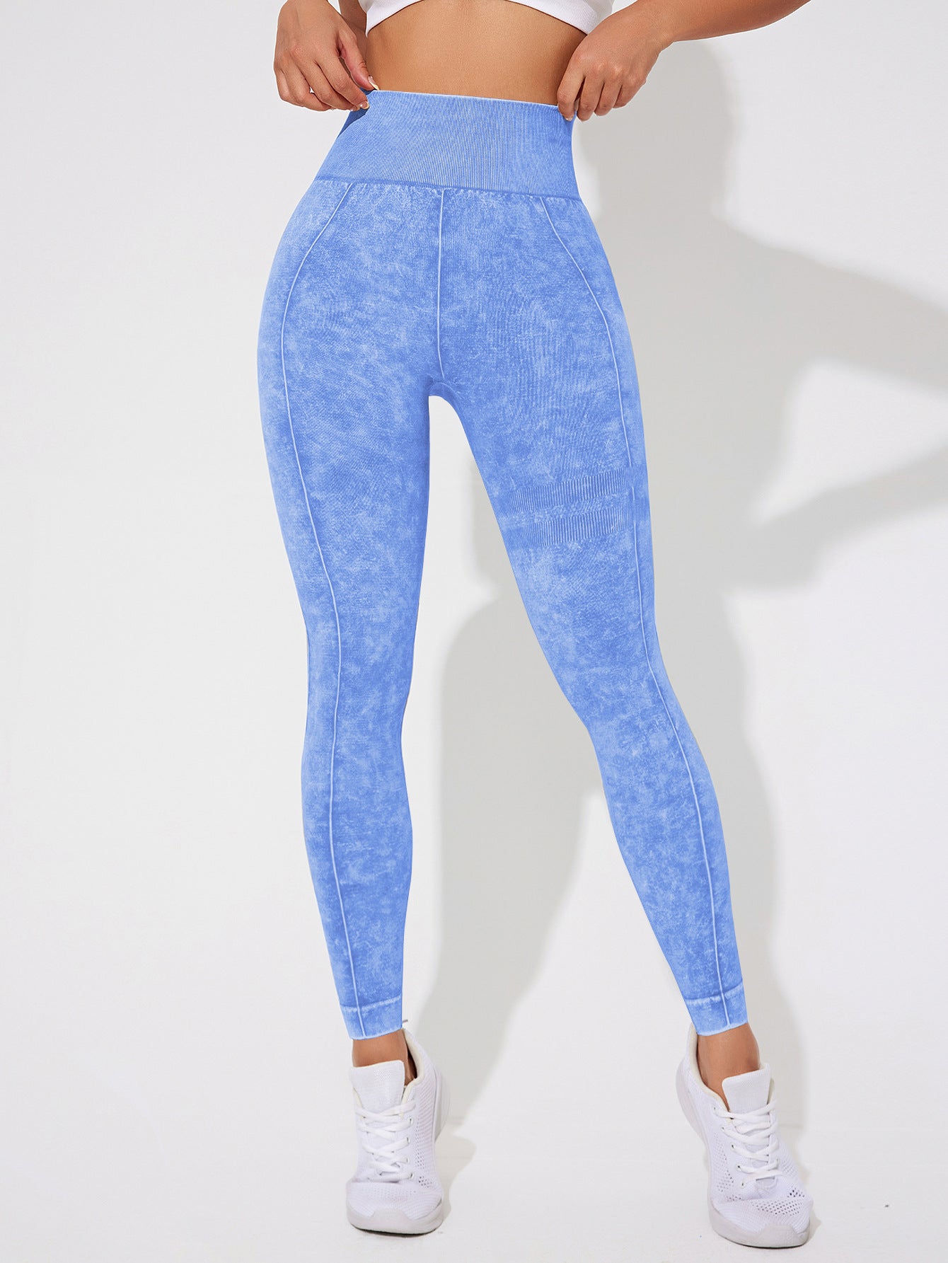 Seamless High Waisted Yoga Leggings 2 PCS Solid Black and Sand Washed Blue