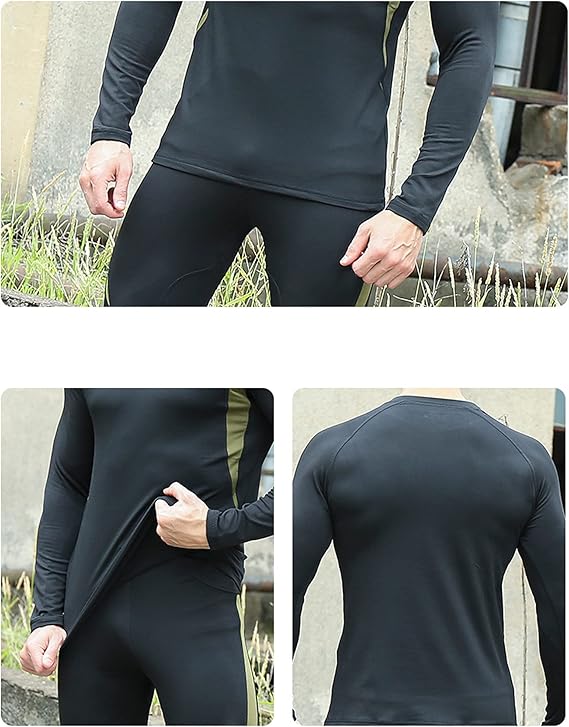 2-Pack L Size Men's Tactical 4-Way Stretch Fleece Lined Thermal Underwear Set(Black + Green) - Winter Sweat-Wicking & Breathable Sportswear for Training & Outdoors