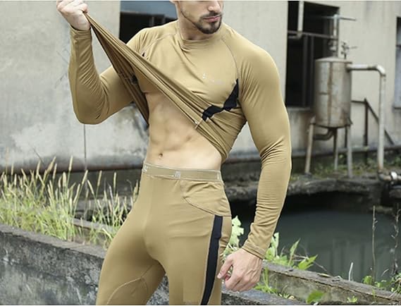 2-Pack XXL Size Men's Tactical 4-Way Stretch Fleece Lined Thermal Underwear Set(Khaki + Green) - Winter Sweat-Wicking & Breathable Sportswear for Training & Outdoors
