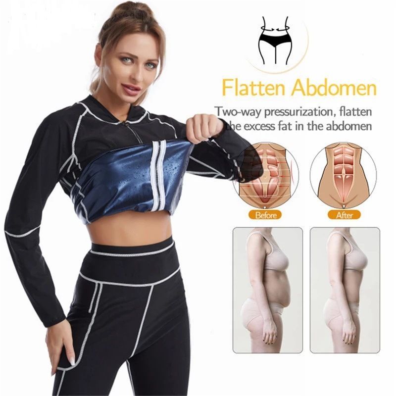 Black and Blue Women's Workout Sauna Sweat Suit Set - Long Sleeve Top & Leggings