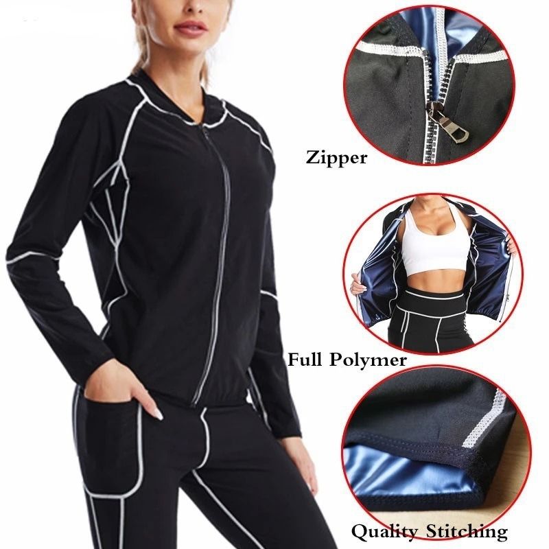Black and Silver Women's Workout Sauna Sweat Suit Set - Long Sleeve Top & Leggings