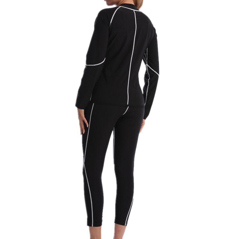 Black and Silver Women's Workout Sauna Sweat Suit Set - Long Sleeve Top & Leggings