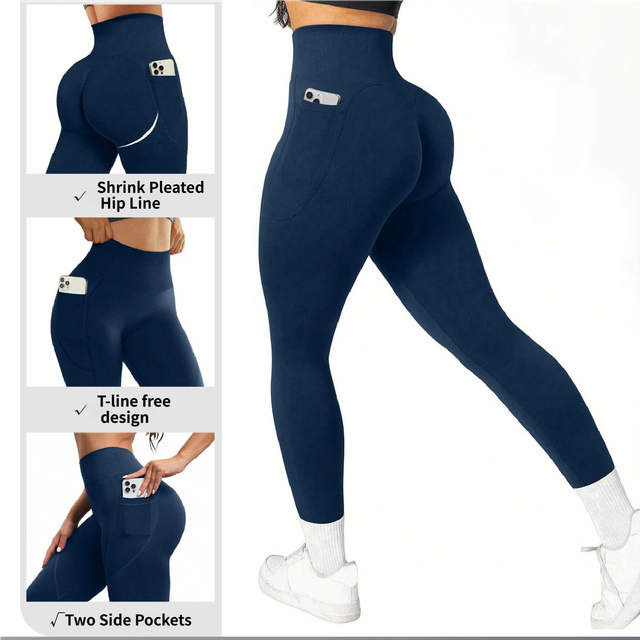 Navy blue leggings with side pockets on a white background