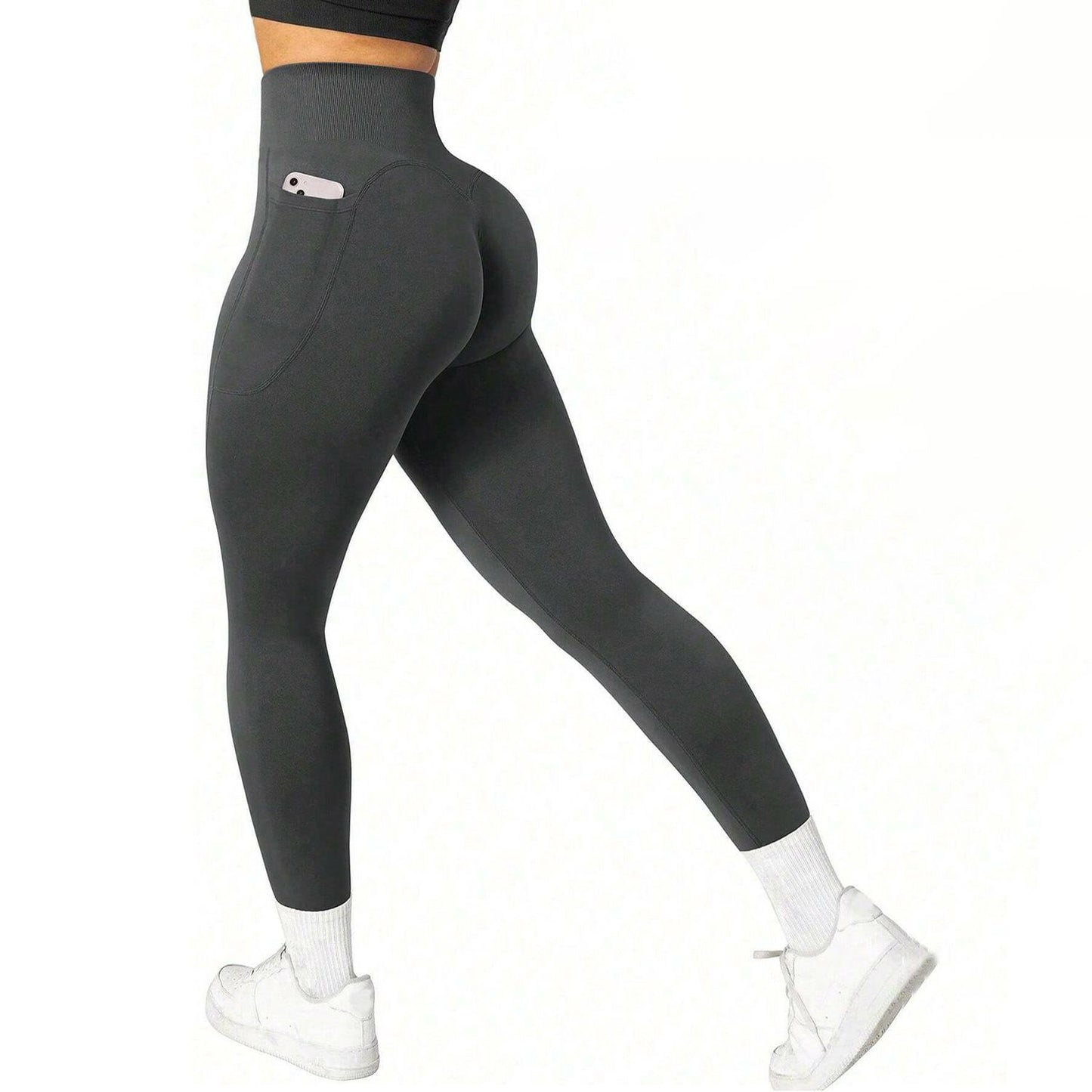 Dark gray leggings with a pocket on a white background