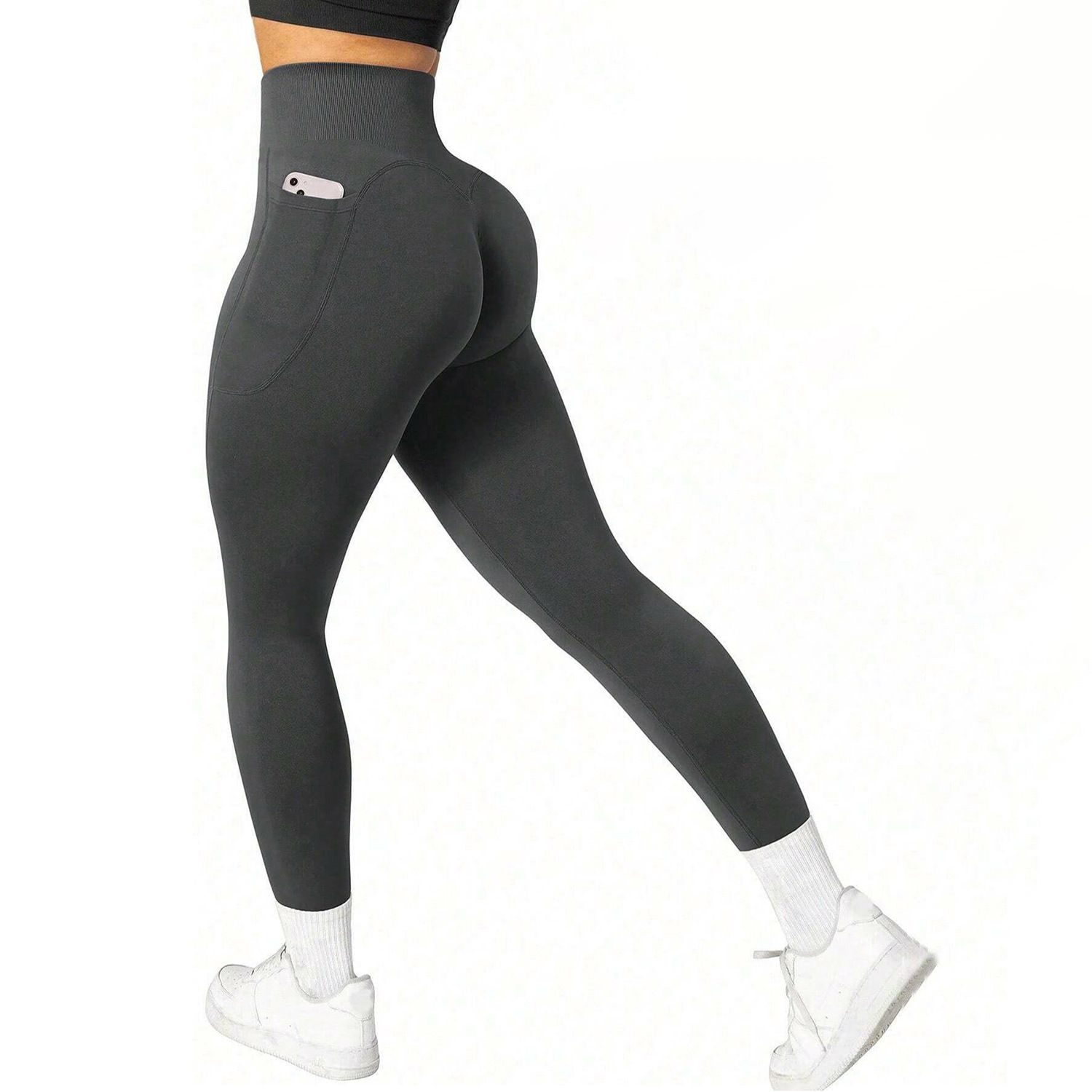 Dark gray leggings with a pocket on a white background