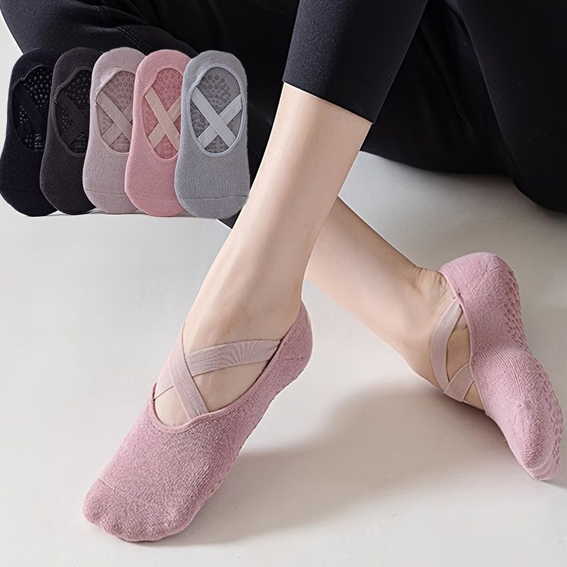5-Pair Pink Premium Non-Slip Yoga & Pilates Socks with Elastic Cross-Straps - Breathable Cotton Ballet-Style High Grip Socks
