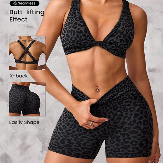 Leopard Print Yoga Set - Twist Front Sports Bra with Criss Cross Back and High Waisted Butt Lifting Shorts