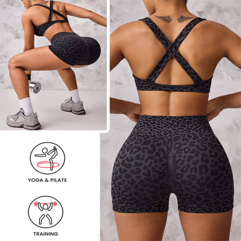 Leopard Print Yoga Set - Twist Front Sports Bra with Criss Cross Back and High Waisted Butt Lifting Shorts