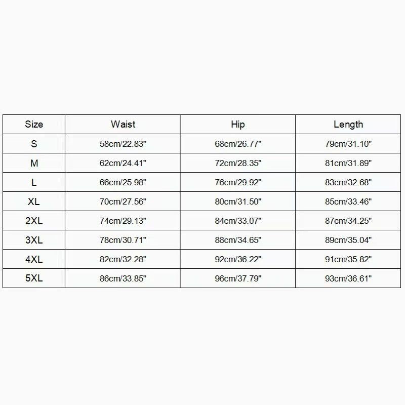 Size chart for waist, hip, and length measurements on a white background