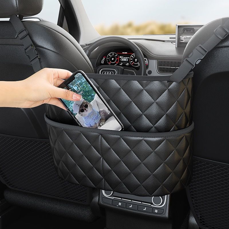 Multifunctional Quilted Leather Car Between-Seat Organizer with Adjustable Buckles and Armrest Box Support – Large Capacity Car Interior Pocket for Handbags Phones Drinks